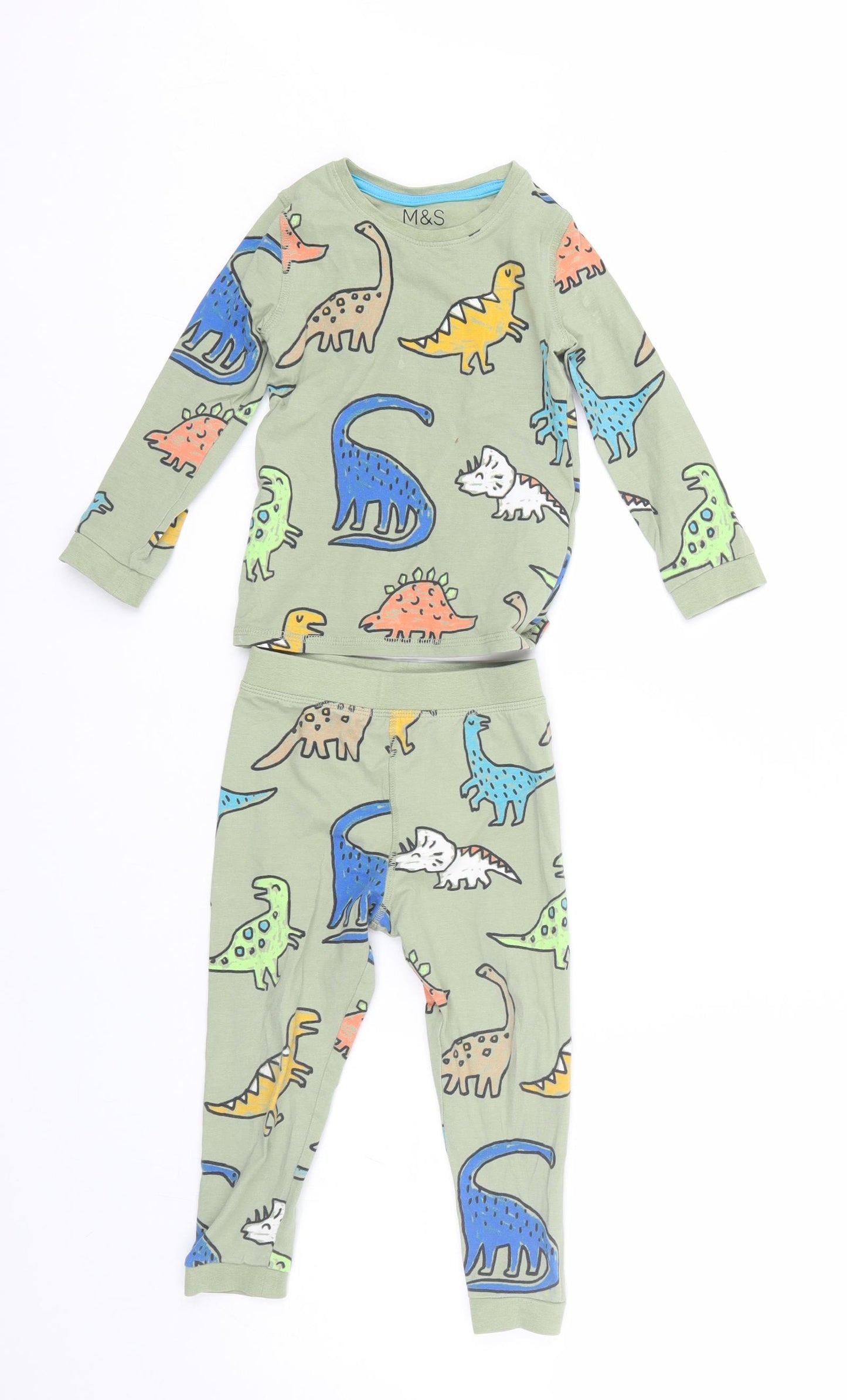 M&S Boys Green Animal Print   Pyjama Set Size 2-3 Years  - dinosaurs