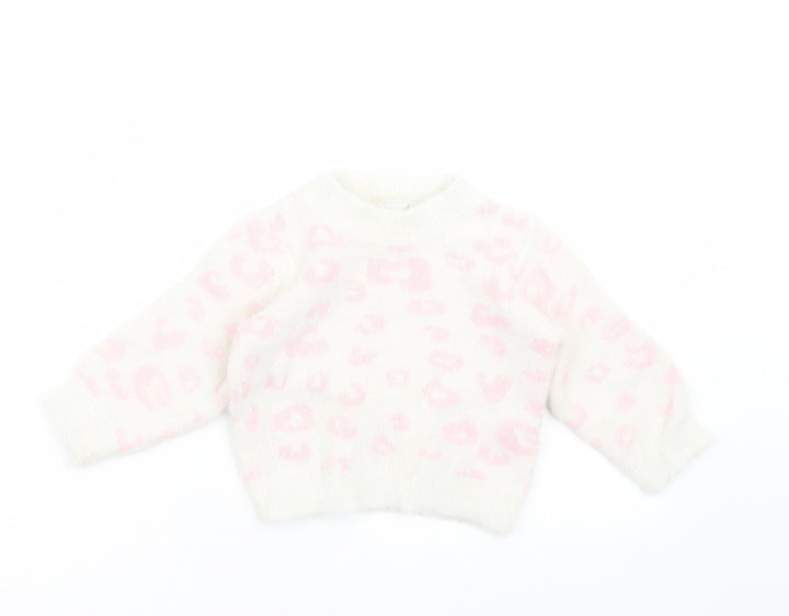 M&Co Girls Ivory Animal Print Knit Pullover Jumper Size 9-12 Months