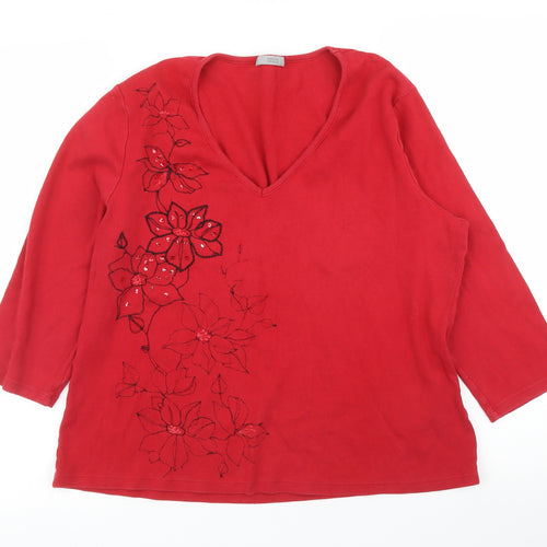 M&S Womens Red Floral  Basic T-Shirt Size 18