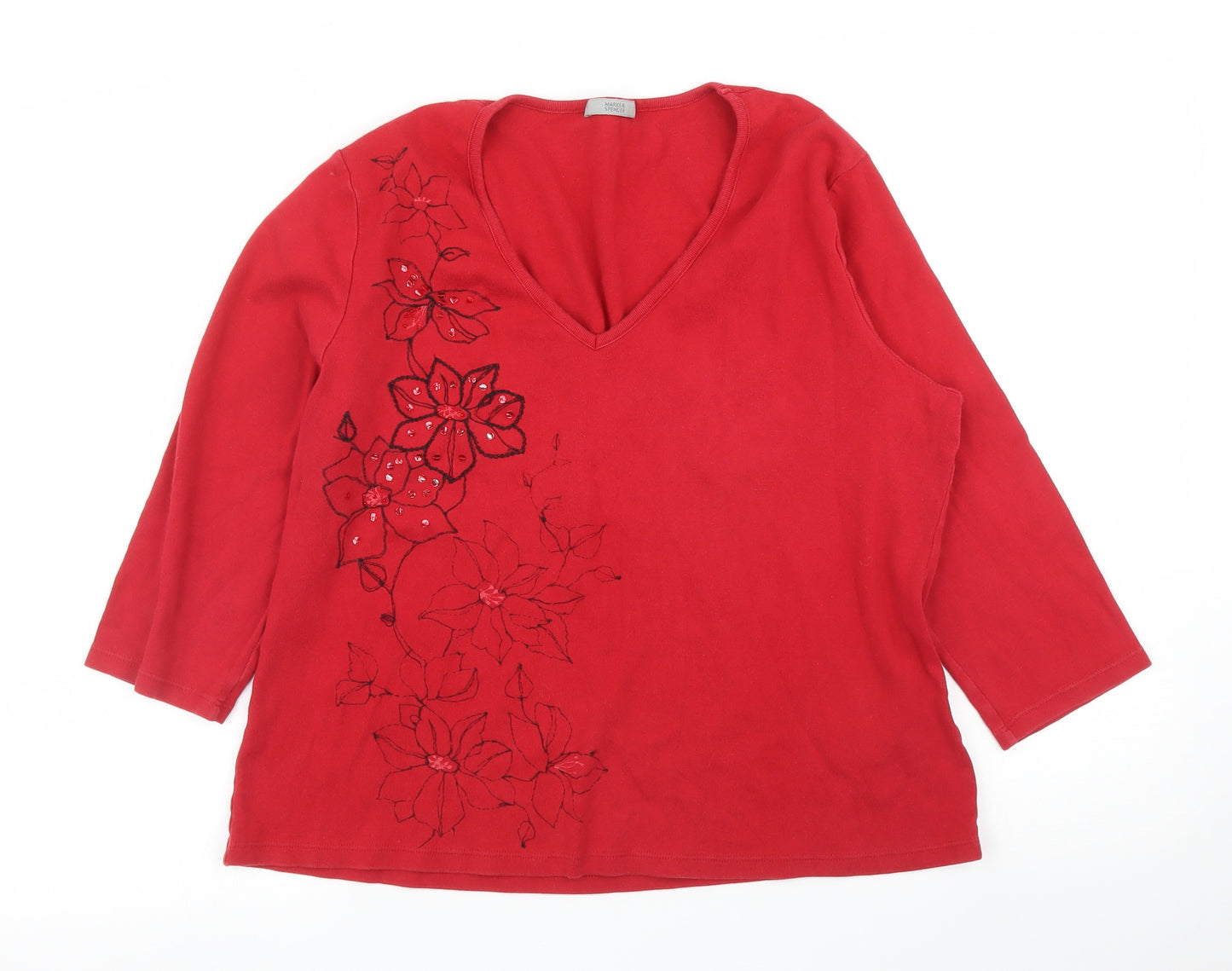 M&S Womens Red Floral  Basic T-Shirt Size 18
