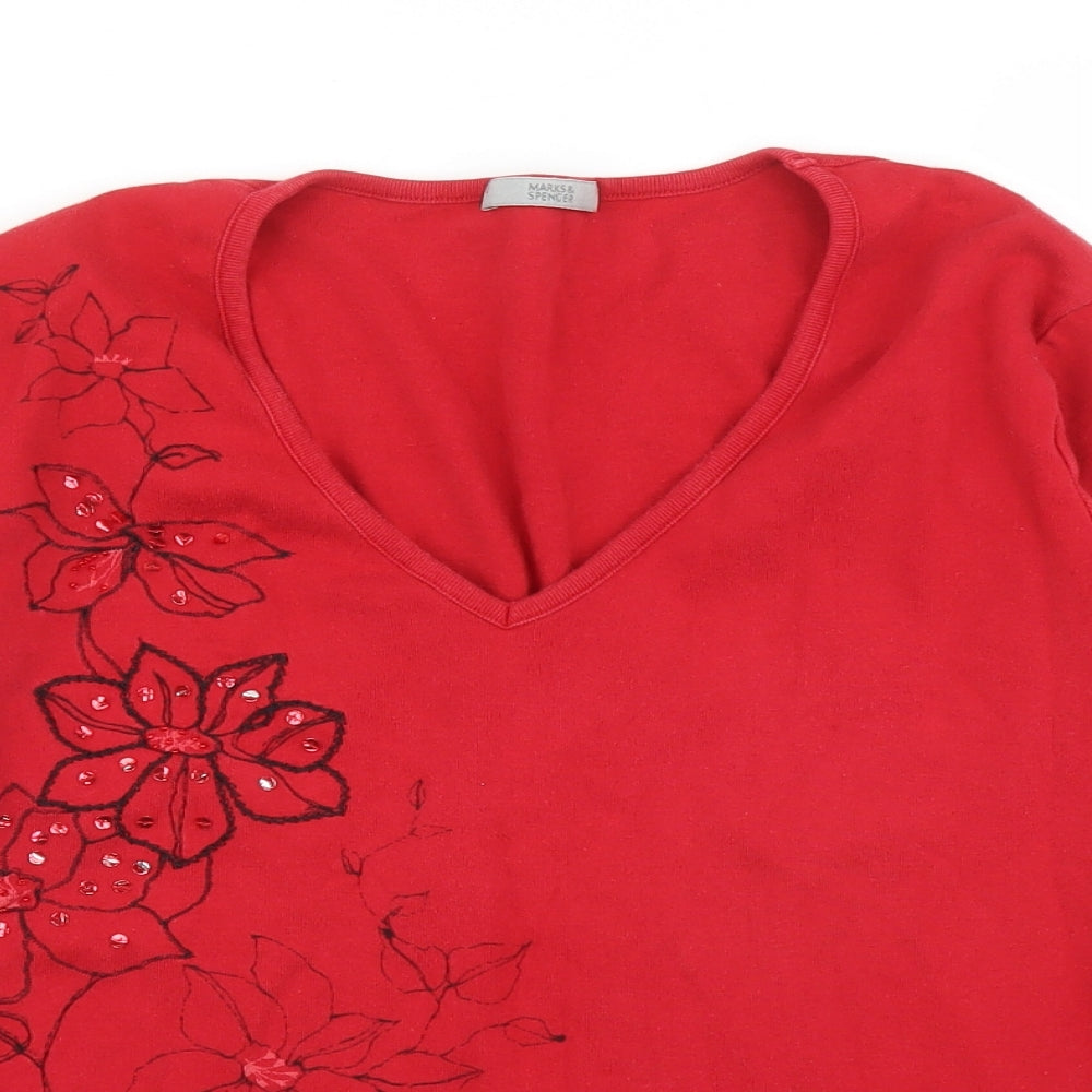M&S Womens Red Floral  Basic T-Shirt Size 18