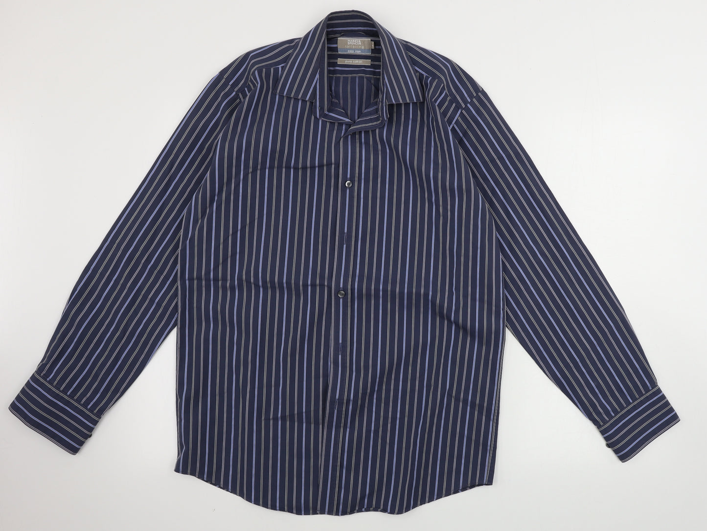Marks and Spencer  Mens Blue Striped   Dress Shirt Size 14