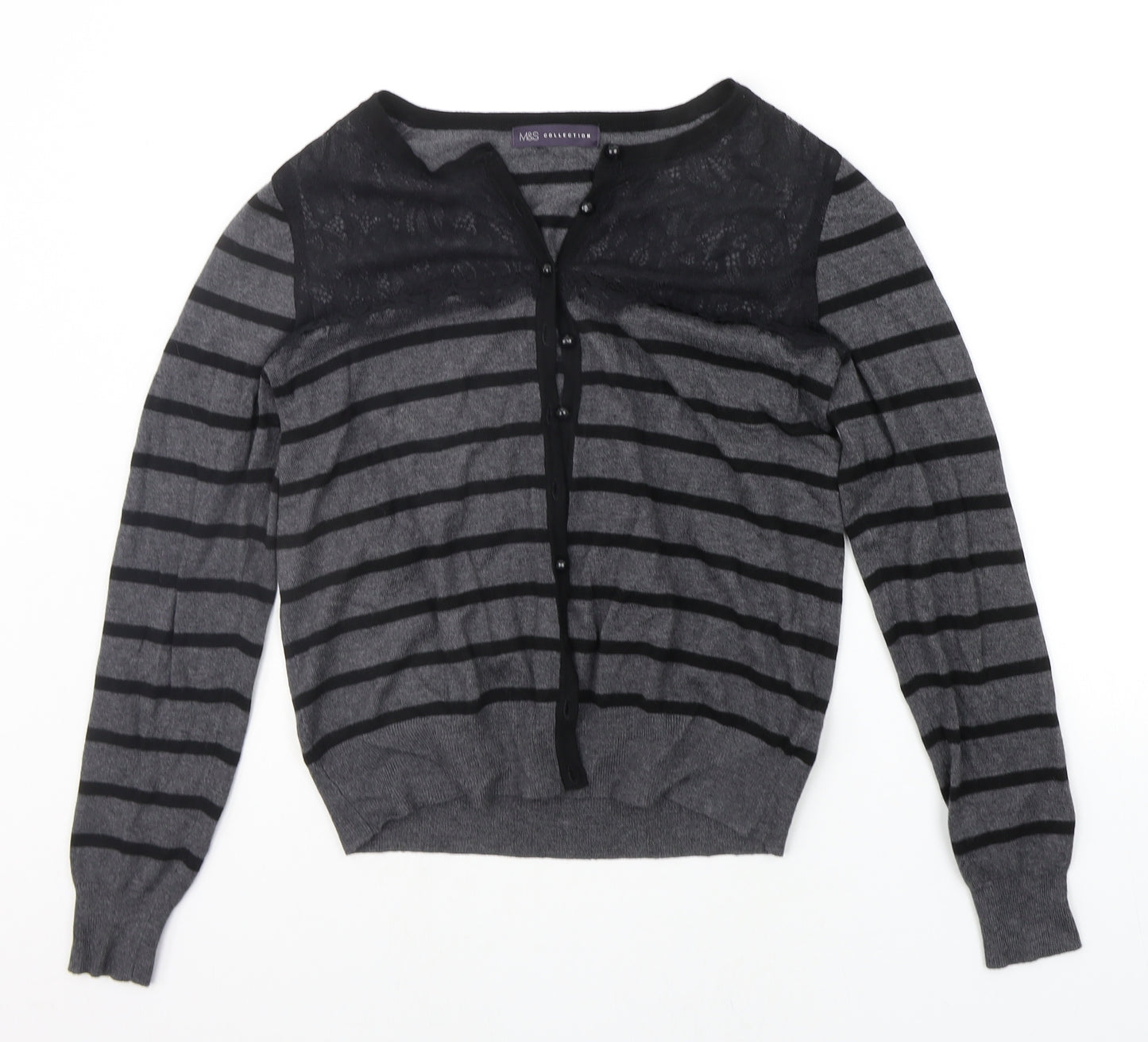 Marks and Spencer Womens Grey Striped  Cardigan Jumper Size 14