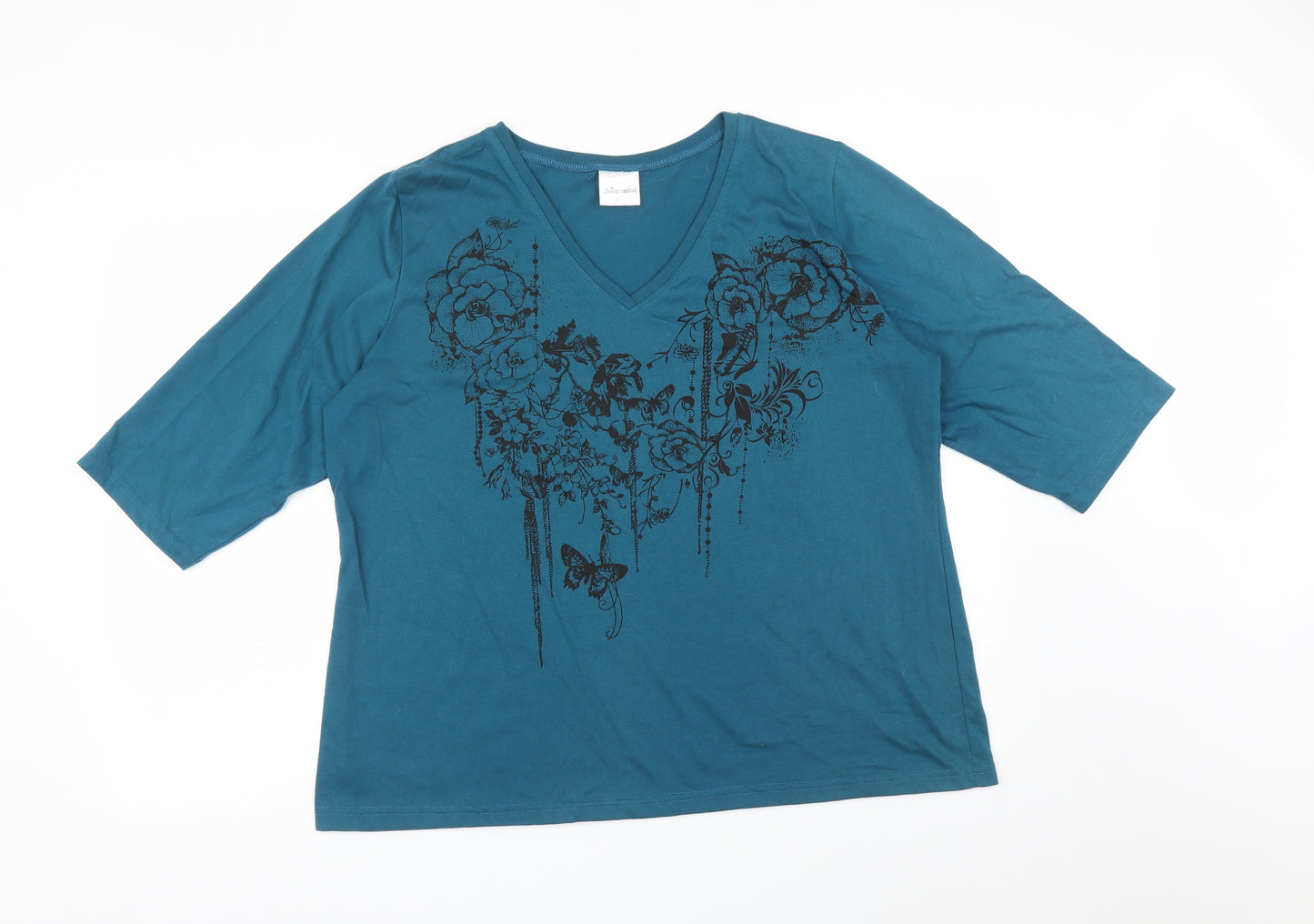 BE CASUAL Womens Blue Floral  Basic T-Shirt Size 20