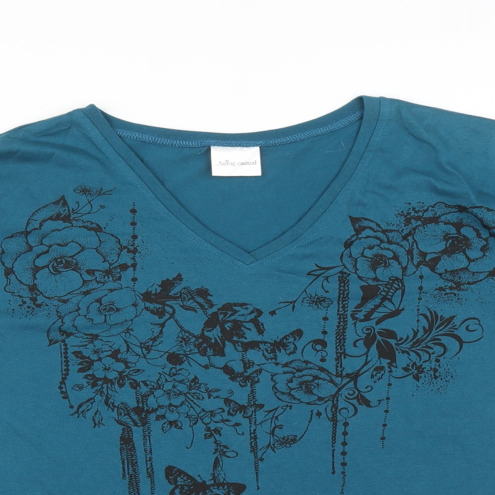 BE CASUAL Womens Blue Floral  Basic T-Shirt Size 20