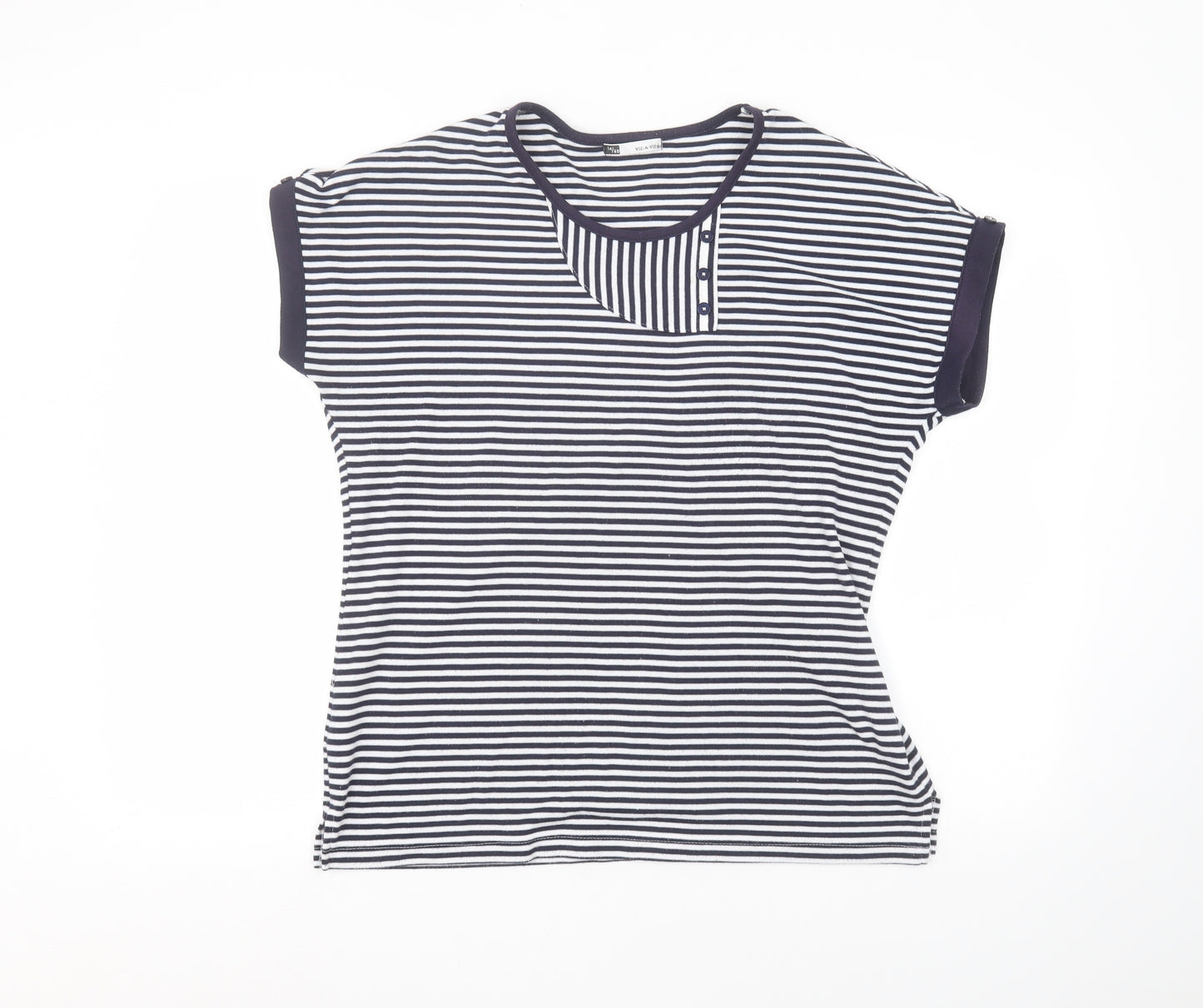Viz-A-Viz Womens White Striped  Basic T-Shirt Size 14