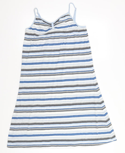 Front view of Preworn women’s blue striped a-line