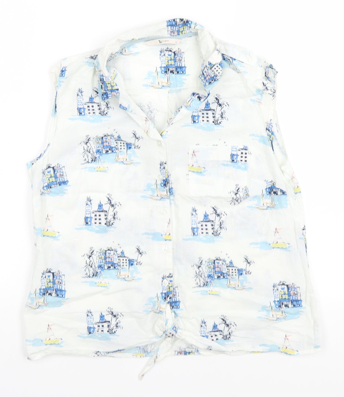TU Womens White Geometric  Basic Button-Up Size 12
