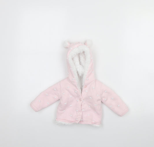 Front view of Preworn girls’ pink spotted jacket, size 0-3, months