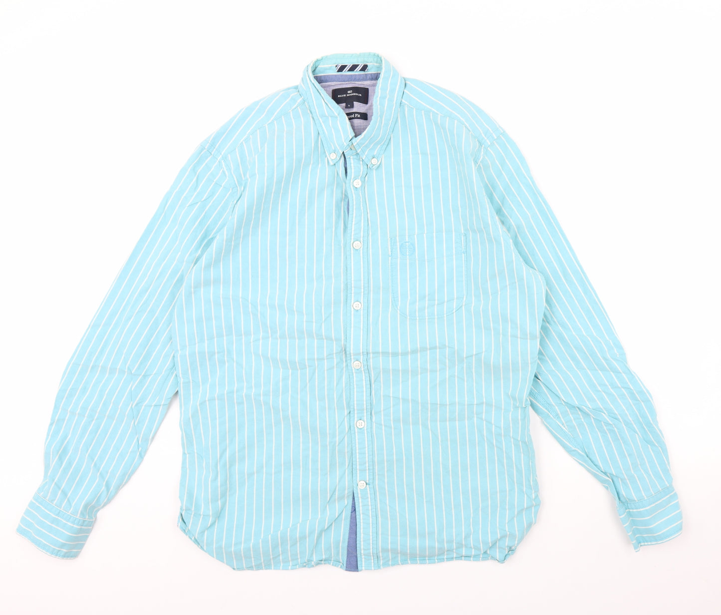 M&s Mens Blue Striped   Dress Shirt Size L