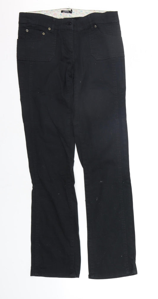 Front view of ASOS women’s black trousers, size UK 12, 30-inch leg