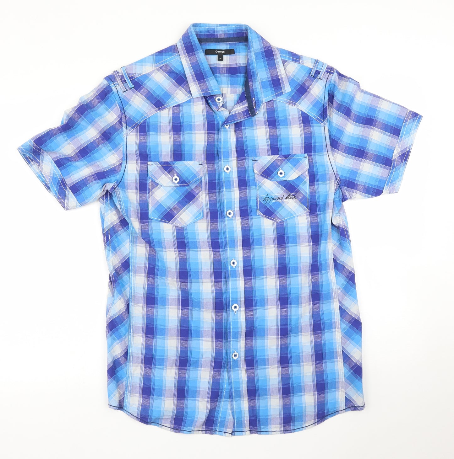 George Mens Blue Plaid   Button-Up Size M