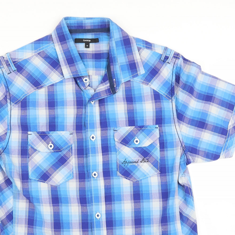 George Mens Blue Plaid   Button-Up Size M