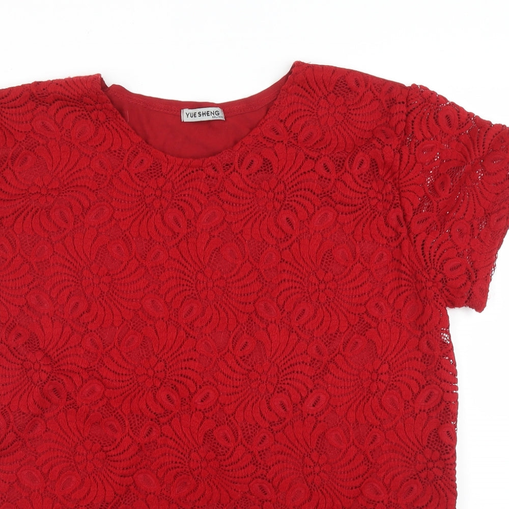 Yue Sheng Womens Red Floral  Basic T-Shirt Size 2XL
