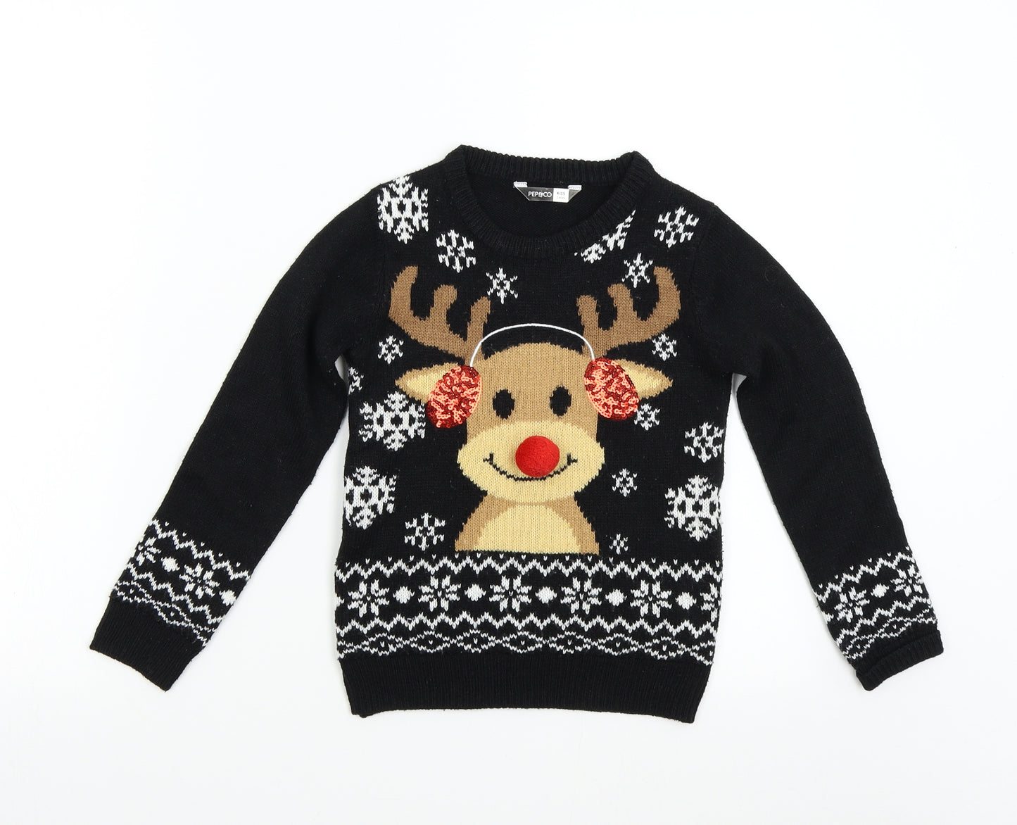 Pep&Co Boys Black  Knit Pullover Jumper Size 7-8 Years  - Christmas Reindeer
