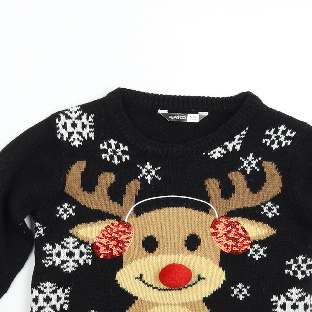 Pep&Co Boys Black  Knit Pullover Jumper Size 7-8 Years  - Christmas Reindeer