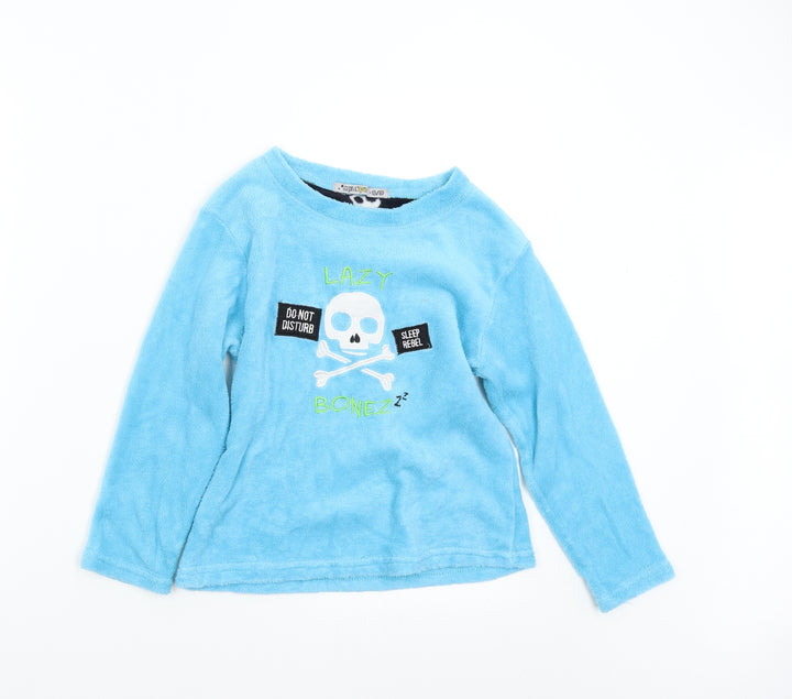 Chill Out Boys Blue Solid Fleece  Pyjama Top Size 8-9 Years  - Lazy Bonez Skull