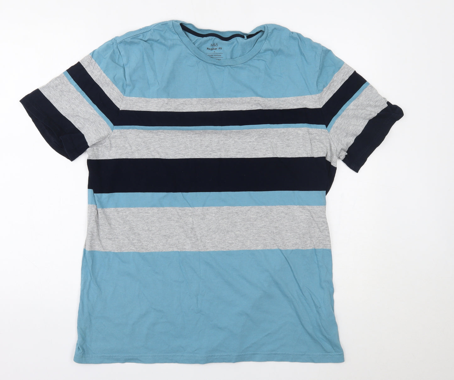 Marks and Spencer Mens Blue Striped   T-Shirt Size L