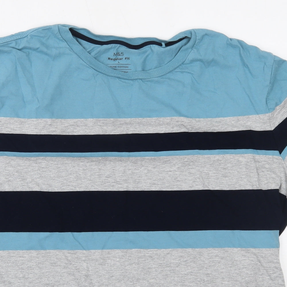 Marks and Spencer Mens Blue Striped   T-Shirt Size L