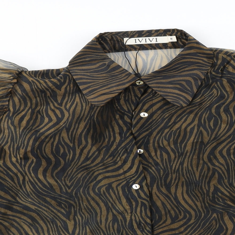 IVIVI Womens Brown Animal Print  Basic Button-Up Size M
