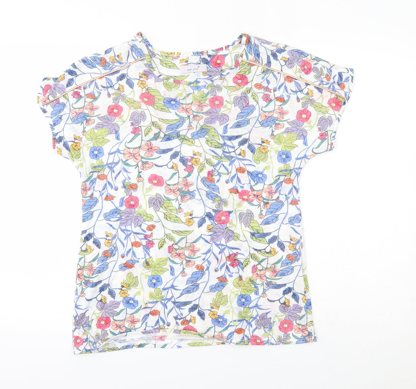 M&S Womens White Floral  Basic T-Shirt Size 10  - bronze strip on front