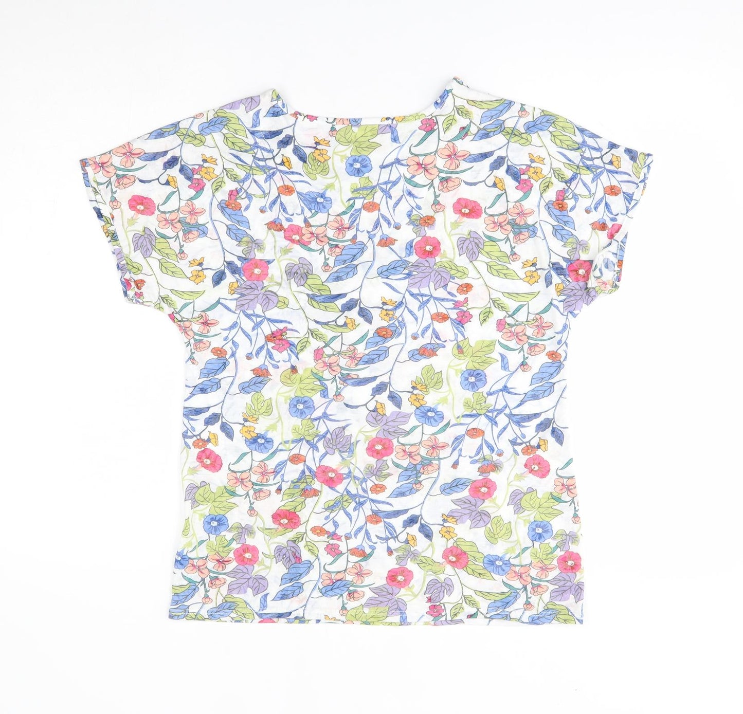 M&S Womens White Floral  Basic T-Shirt Size 10  - bronze strip on front