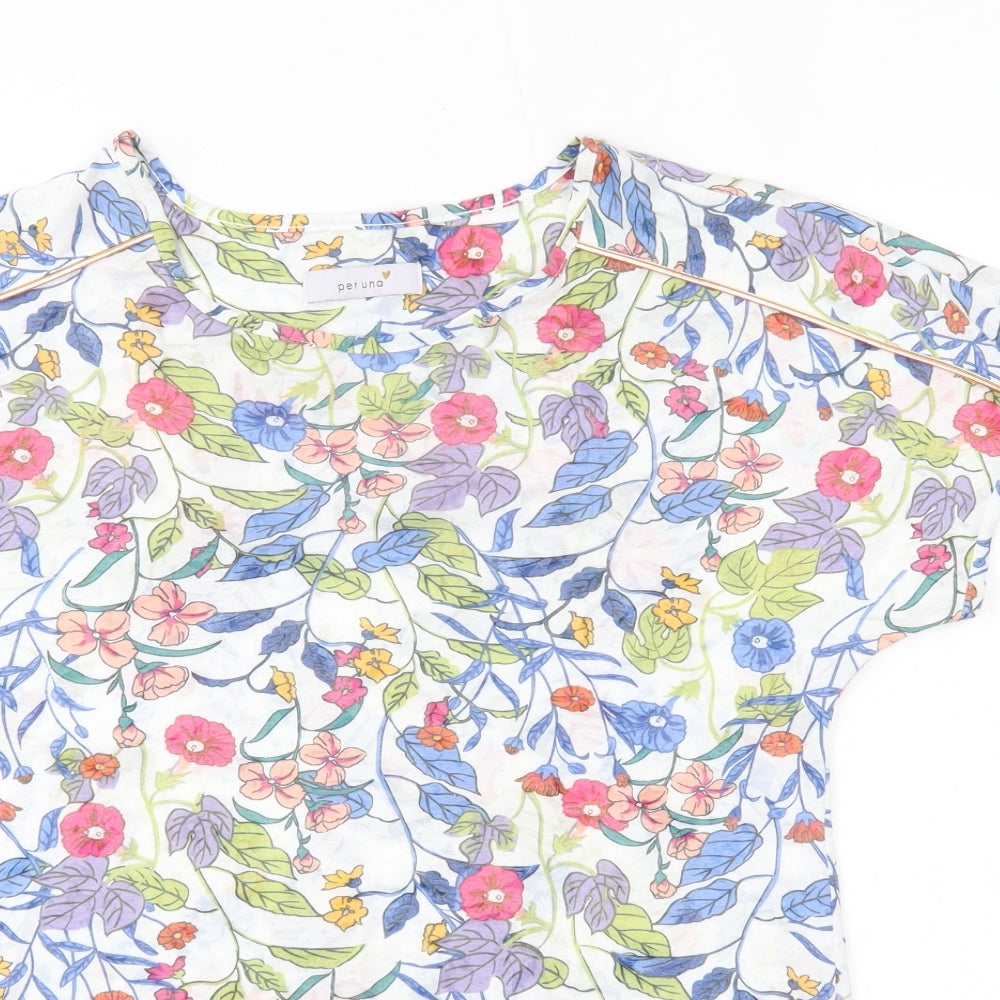 M&S Womens White Floral  Basic T-Shirt Size 10  - bronze strip on front