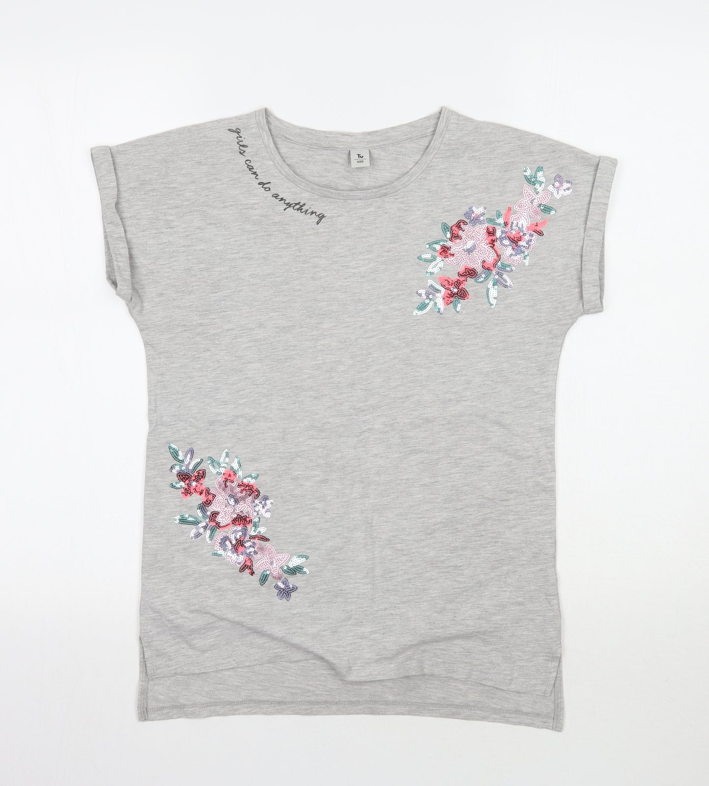 TU Girls Grey Floral  Basic T-Shirt Size 13 Years