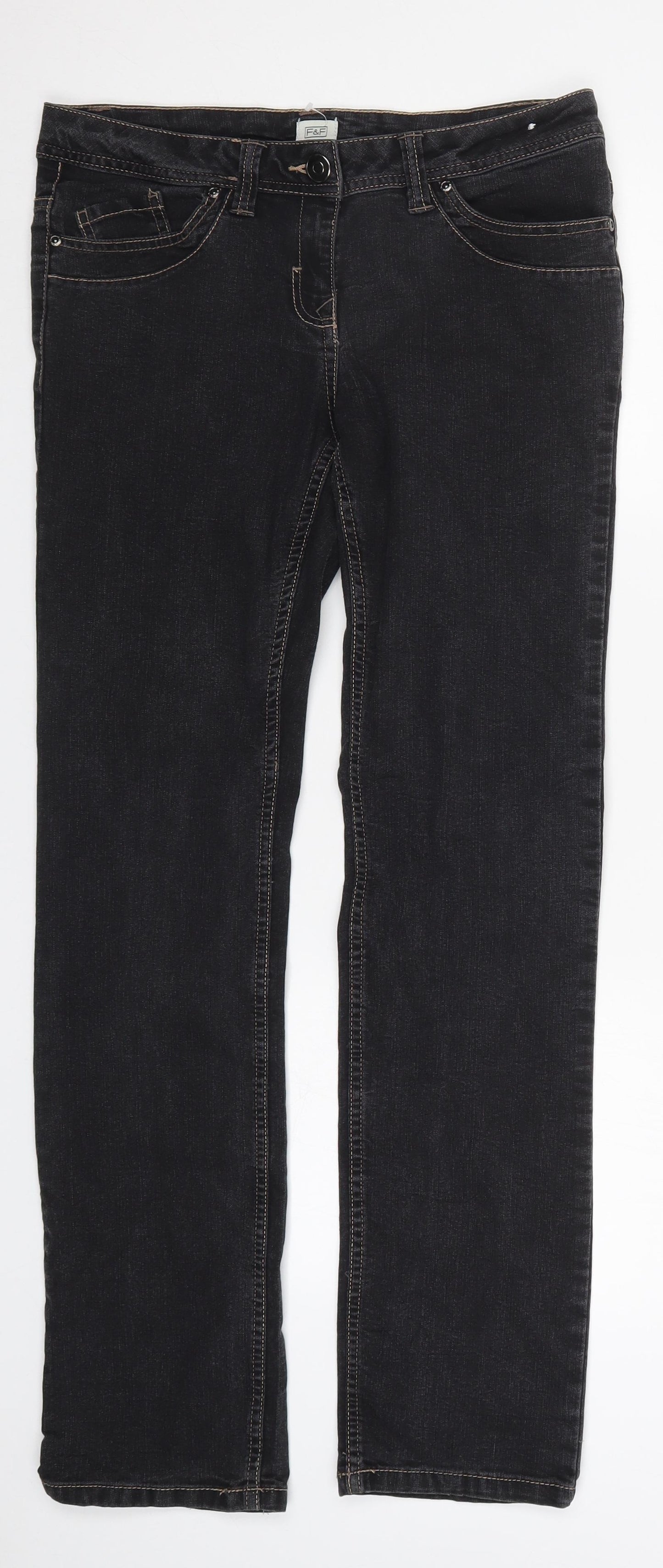 F&F Womens Black  Denim Straight Jeans Size 10 L30 in