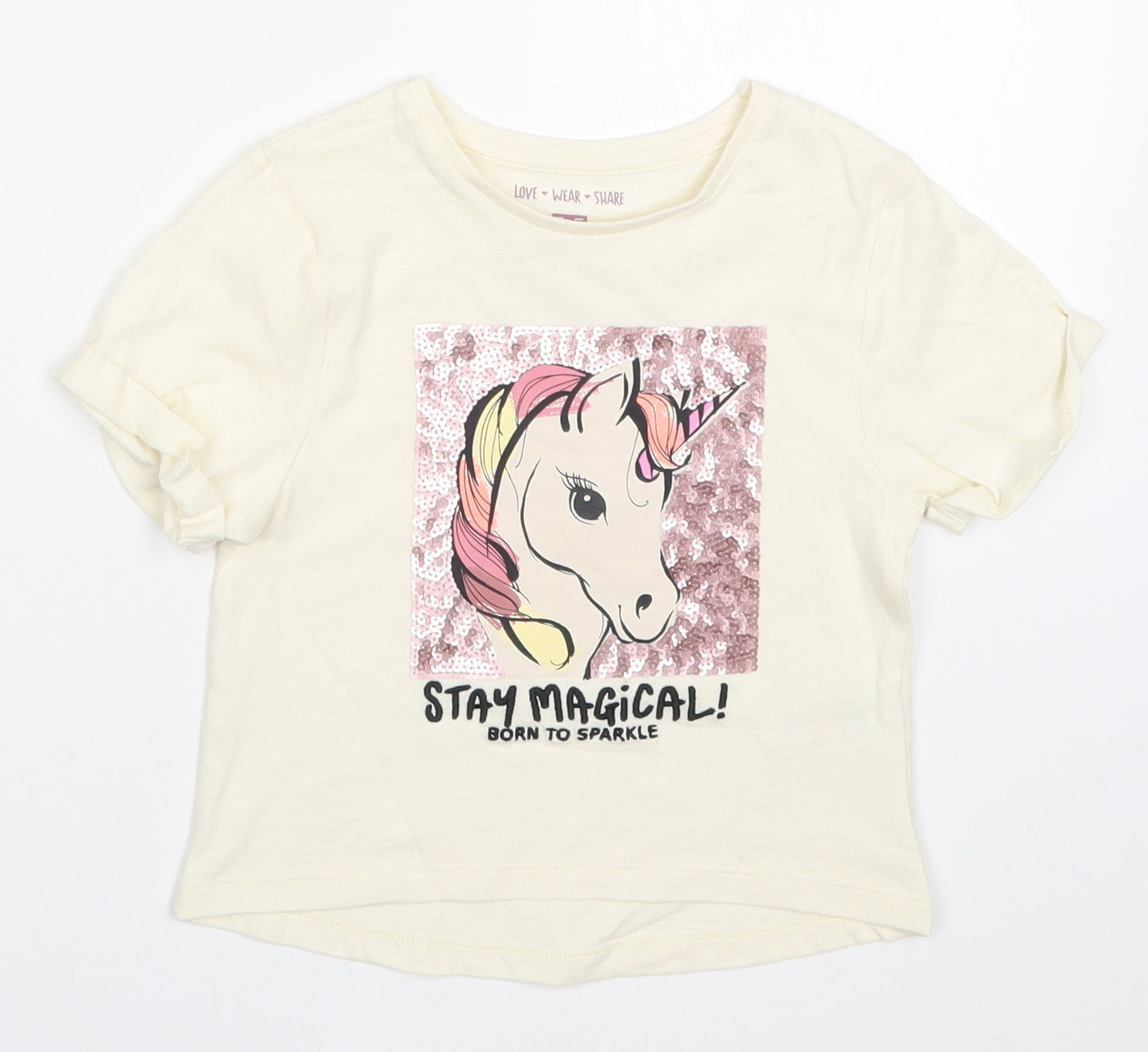 F&F Girls Beige   Basic T-Shirt Size 4-5 Years  - Unicorns Stay Magical