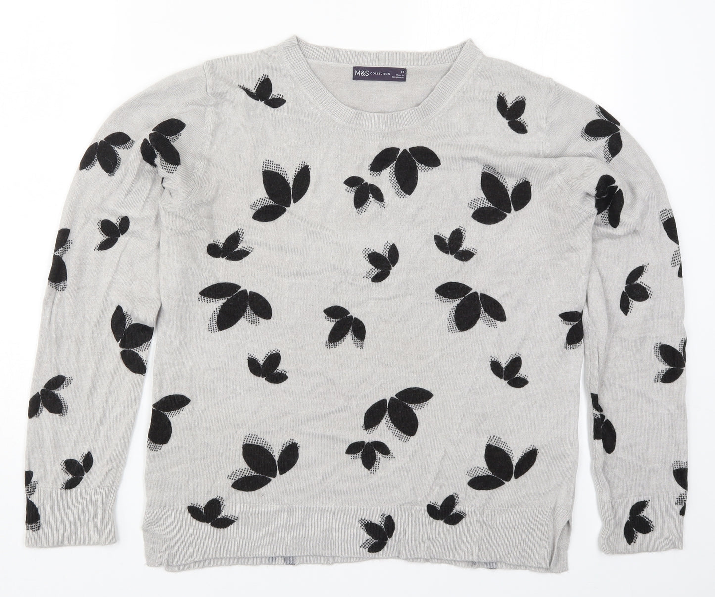 Marks and Spencer Womens Grey Floral Knit Pullover Jumper Size 12  - Leaf Print