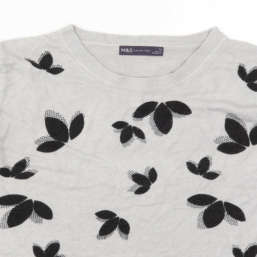 Marks and Spencer Womens Grey Floral Knit Pullover Jumper Size 12  - Leaf Print
