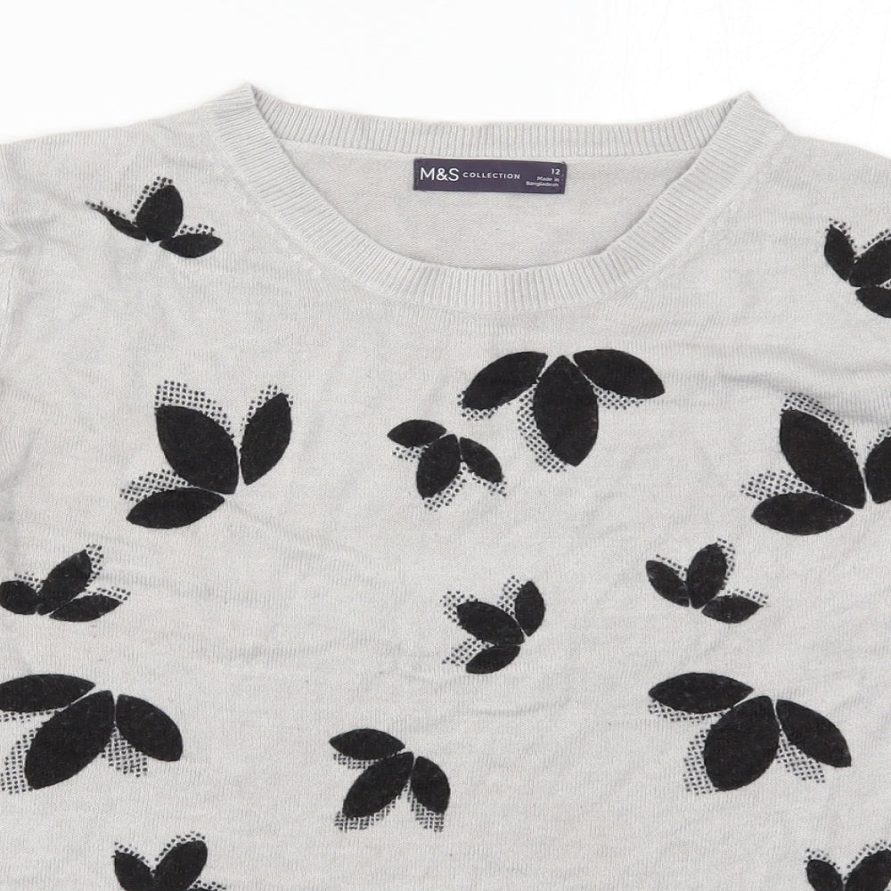 Marks and Spencer Womens Grey Floral Knit Pullover Jumper Size 12  - Leaf Print