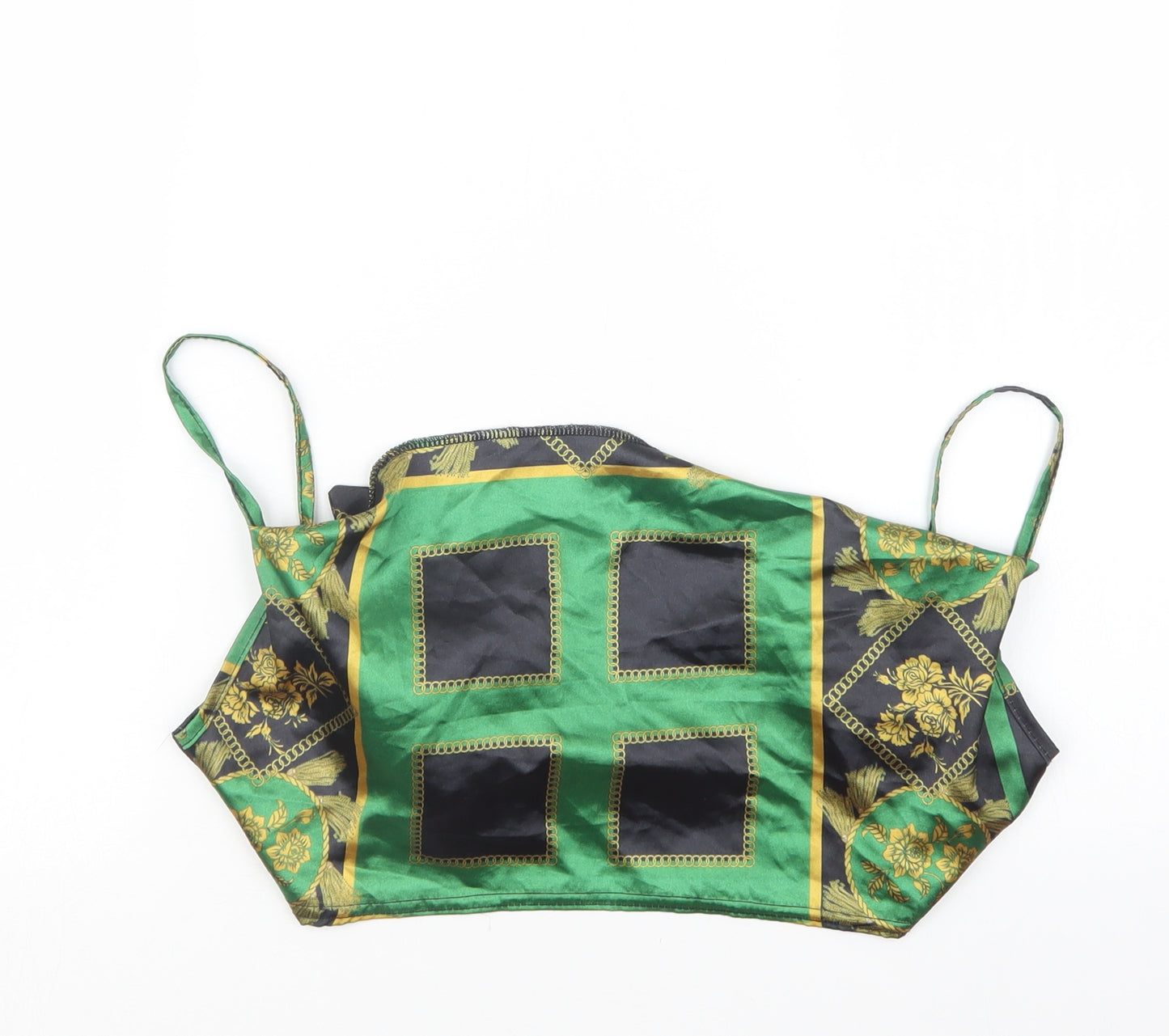 PRETTYLITTLETHING Womens Green Geometric Satin Cropped T-Shirt Size 4