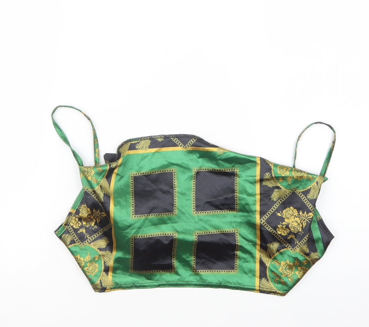 PRETTYLITTLETHING Womens Green Geometric Satin Cropped T-Shirt Size 4