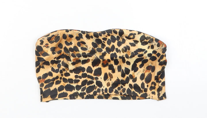 PRETTYLITTLETHING Womens Brown Animal Print Satin Cropped T-Shirt Size 4  - Boob Tube