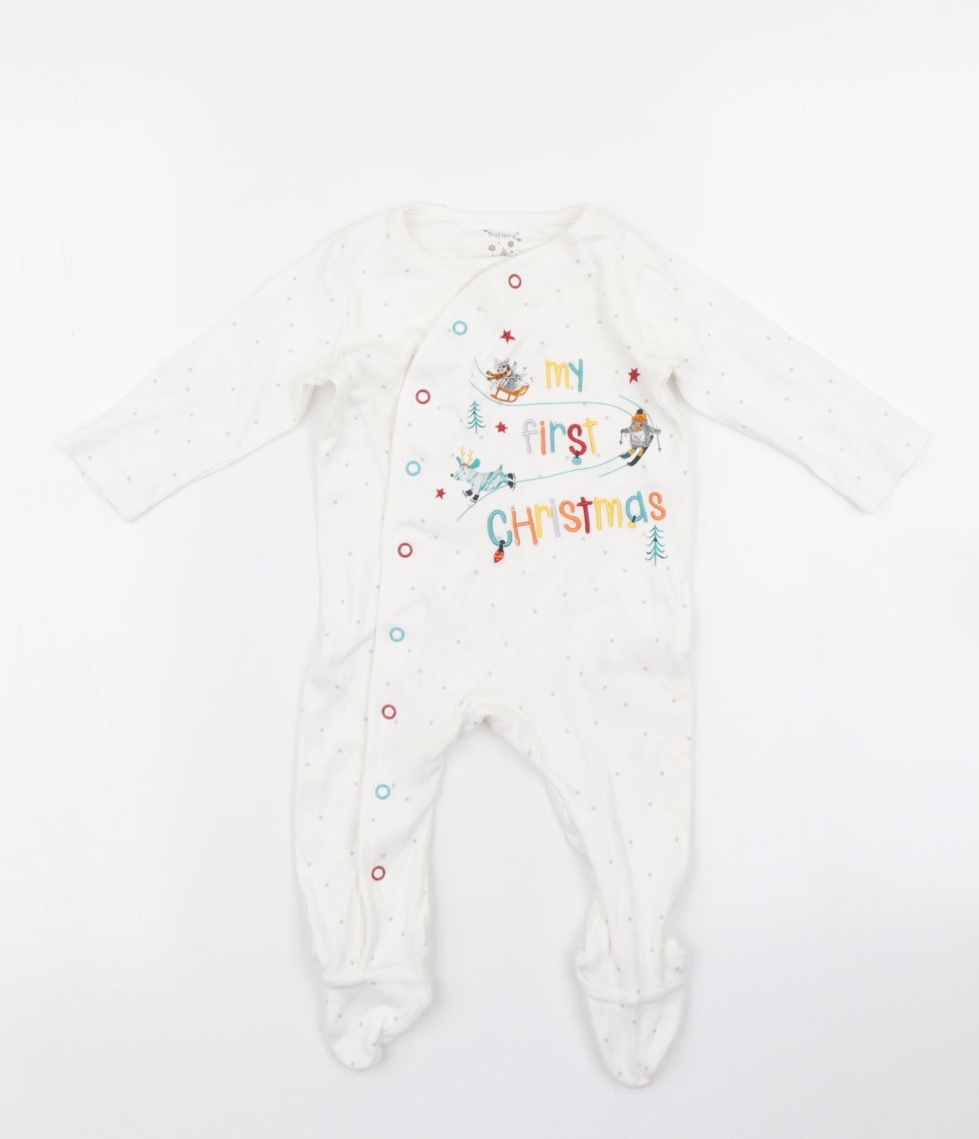 Nutmeg Baby White Spotted  Babygrow One-Piece Size 6-9 Months  - Christmas print