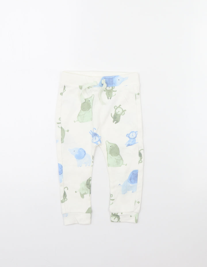 George Girls White Animal Print Jogger Trousers Size 9 Months - Elephant