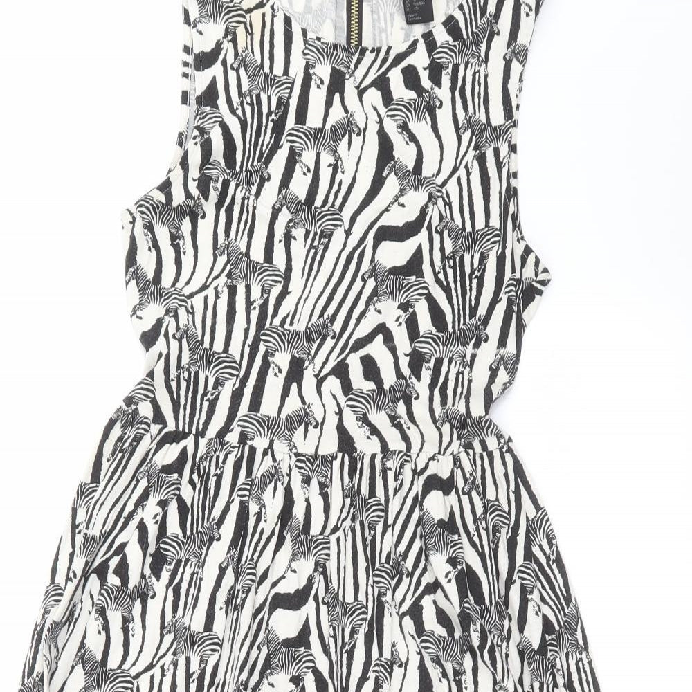 H&M Womens Black Animal Print  Fit & Flare  Size XS  - zebra print