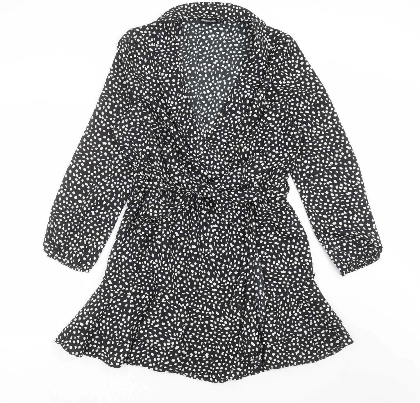 PRETTYLITTLETHING Womens Black Geometric  Wrap Dress  Size 14