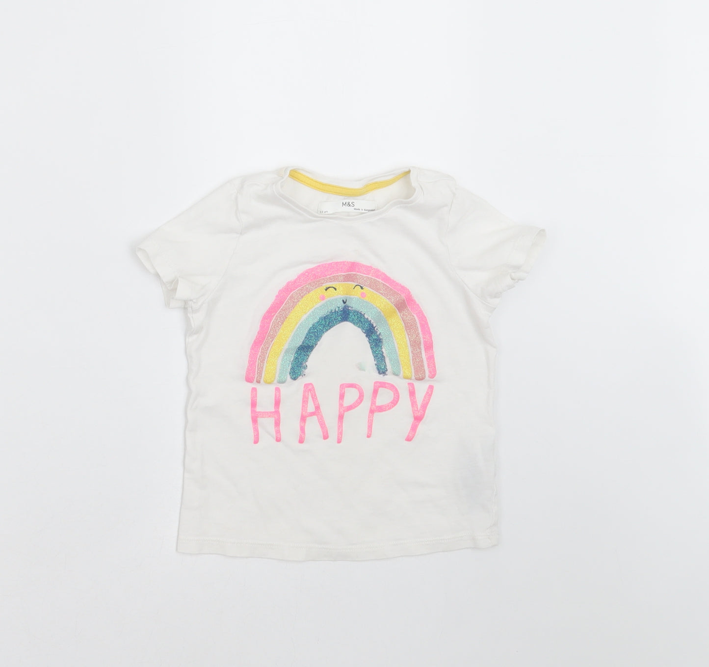 Marks and Spencer Girls White   Basic T-Shirt Size 2-3 Years  - happy rainbow