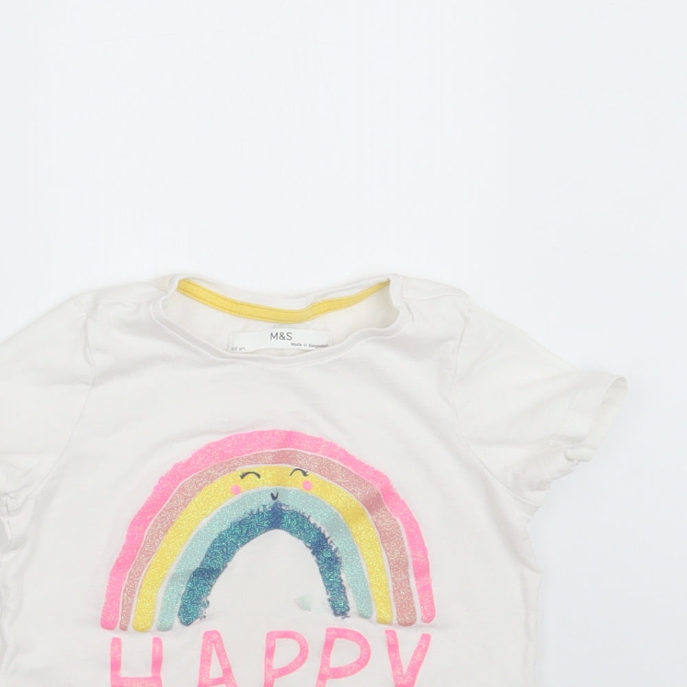 Marks and Spencer Girls White   Basic T-Shirt Size 2-3 Years  - happy rainbow