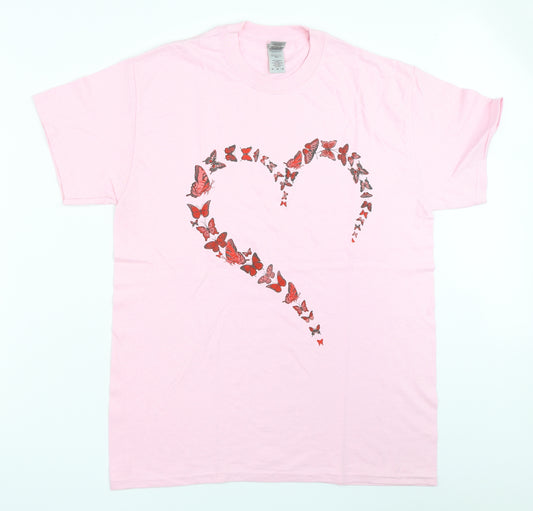 Front view of Gildan women’s pink basic t-shirt, size M
