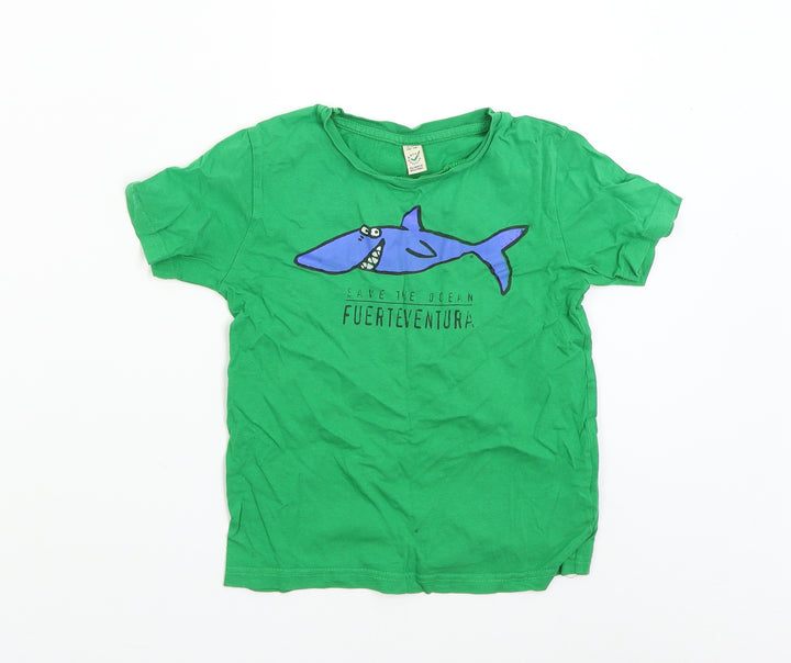 Earth Positive Boys Green Basic T-Shirt Size 5-6 Years - Save the Ocean Fuerteventura Shark