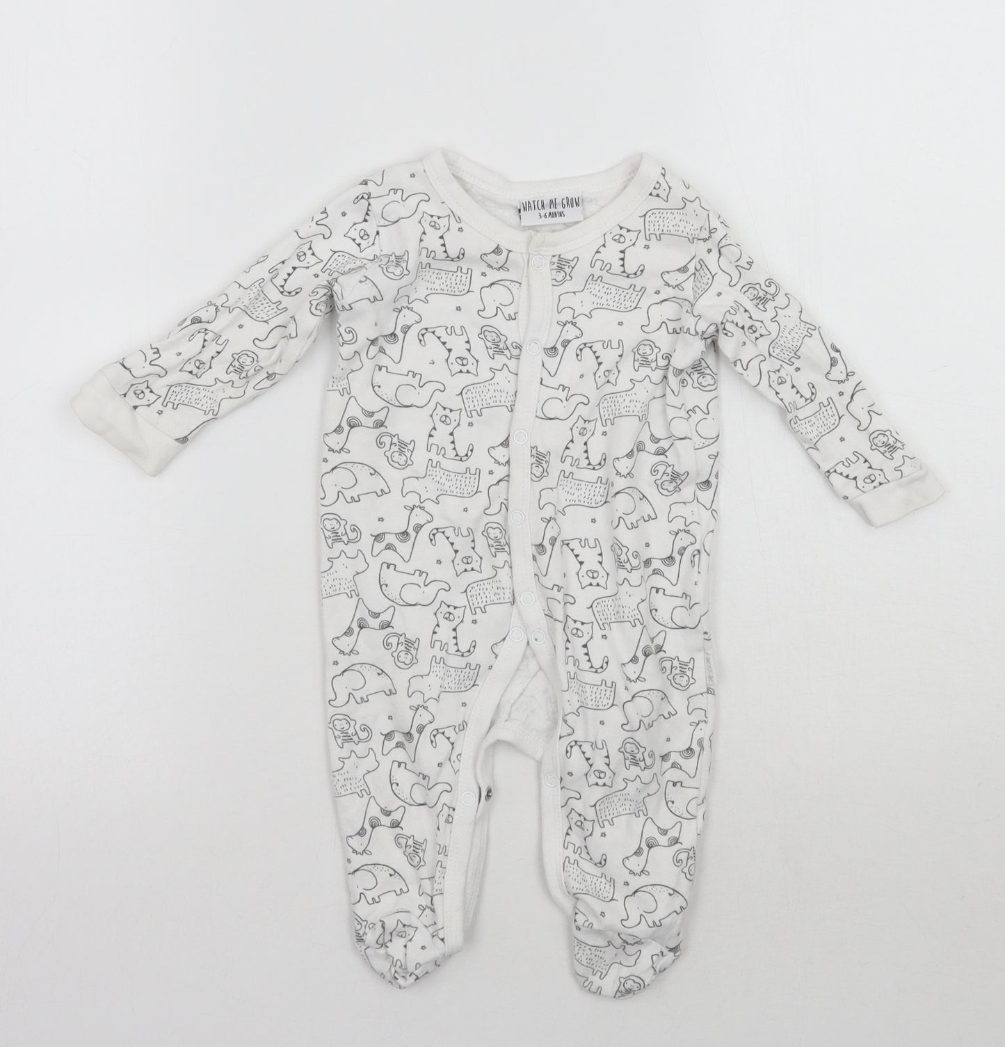 Watch Me Grow Baby White Animal Print  Babygrow One-Piece Size 3-6 Months