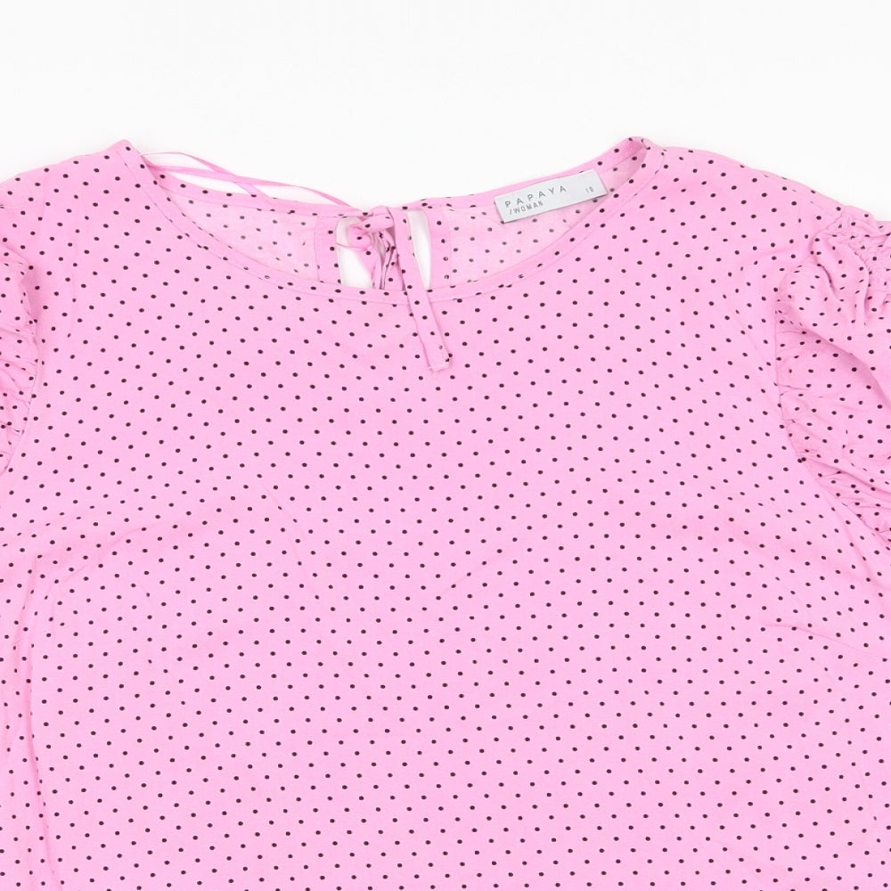 Papaya Womens Pink Polka Dot  Basic Blouse Size 18  - Back Neck Tie Ruche Sleeves