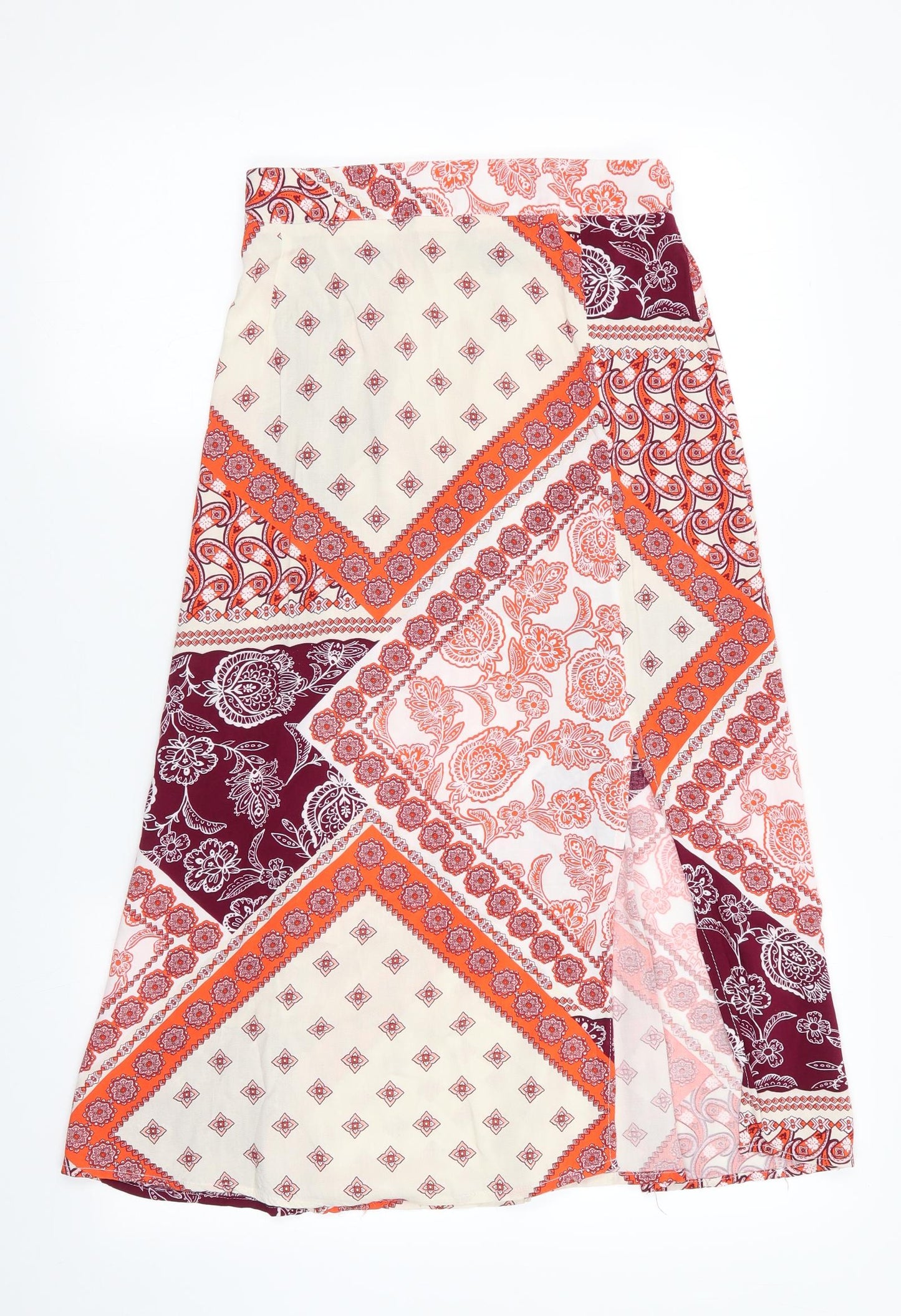 Peacocks Womens Orange Floral  A-Line Skirt Size 8  - Back Elastication & vented to one knee