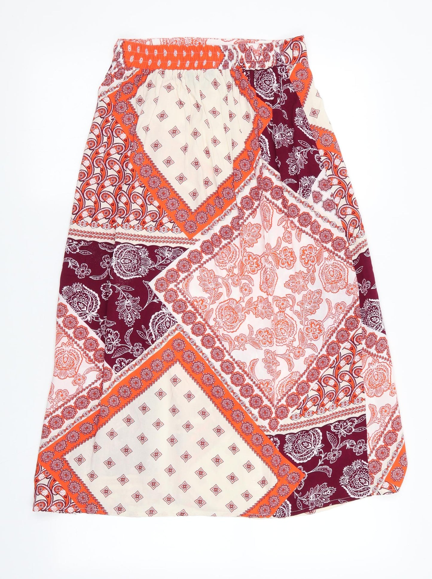 Peacocks Womens Orange Floral  A-Line Skirt Size 8  - Back Elastication & vented to one knee