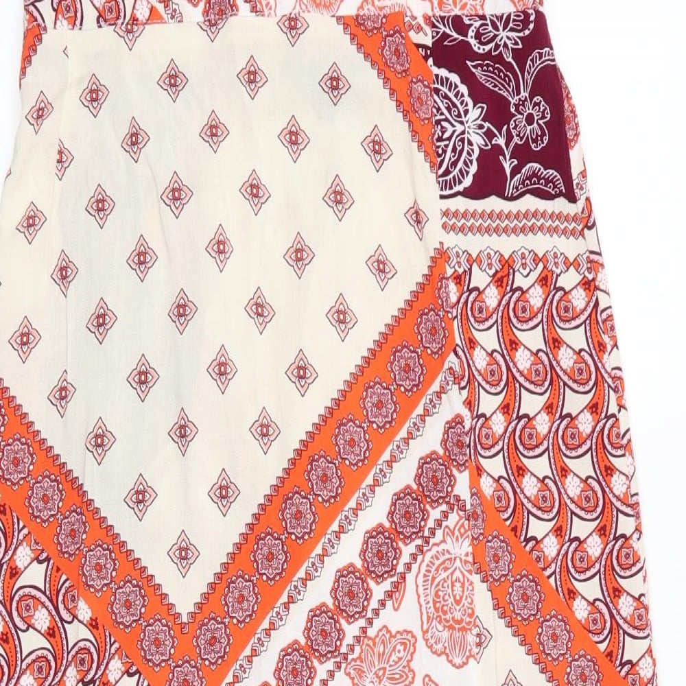 Peacocks Womens Orange Floral  A-Line Skirt Size 8  - Back Elastication & vented to one knee