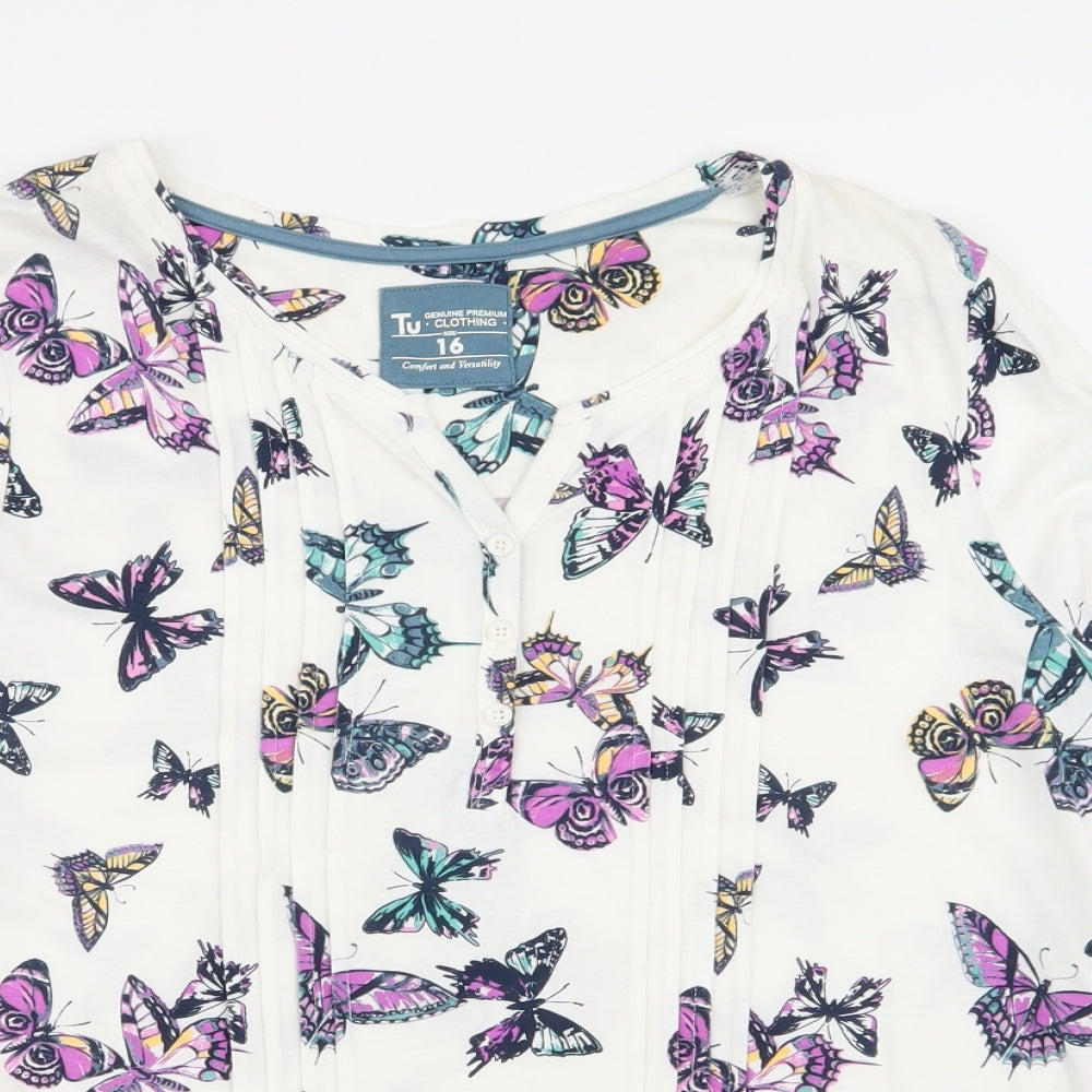TU Womens White Geometric  Basic T-Shirt Size 16